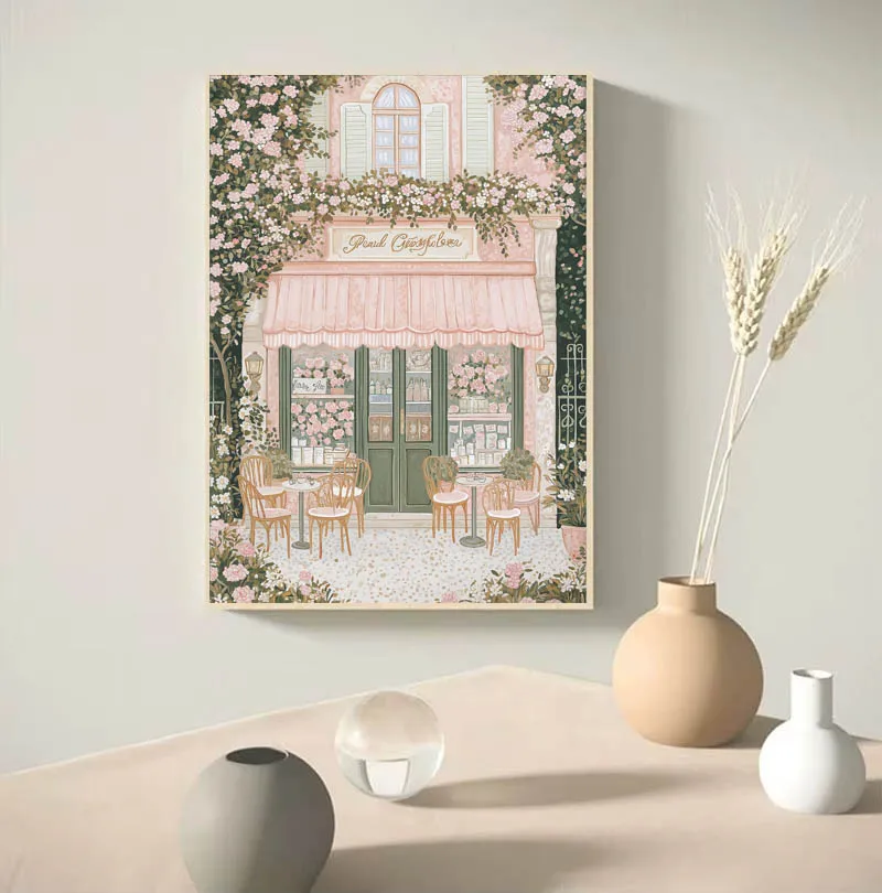 1pc Modern Cityscape Travel Mural Pink Flowers Nature Landscape Buildings Art Poster European City Mural Unframed Home Decor view 3