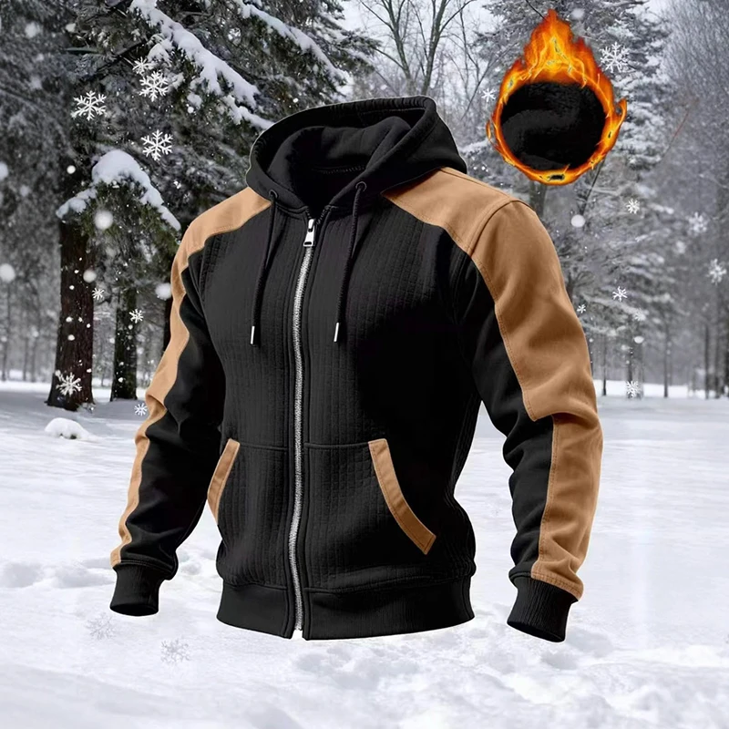 

Sports Slim Fit Fleece Liner Mens Jackets Vintage Patchwork Zipper Drawstring Hooded Jacket Coat Men Autumn Winter Warm Coats