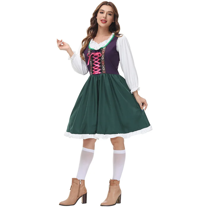 Women Long-Sleeved Blouse and Halter Tank Dirndl German Oktoberfest Costume Parade Beer Wench Cosplay Outfit Fancy Party Dress