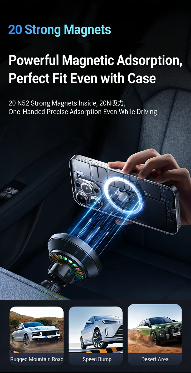 Qi2.2 25W ICE RGB Magnetisches Kabelloses Auto-Ladegerät Lüftungshalterung für iPhone 17 16 15 14 13 12 Samsung Xiaomi Schnell-Ladestation – Detail 12