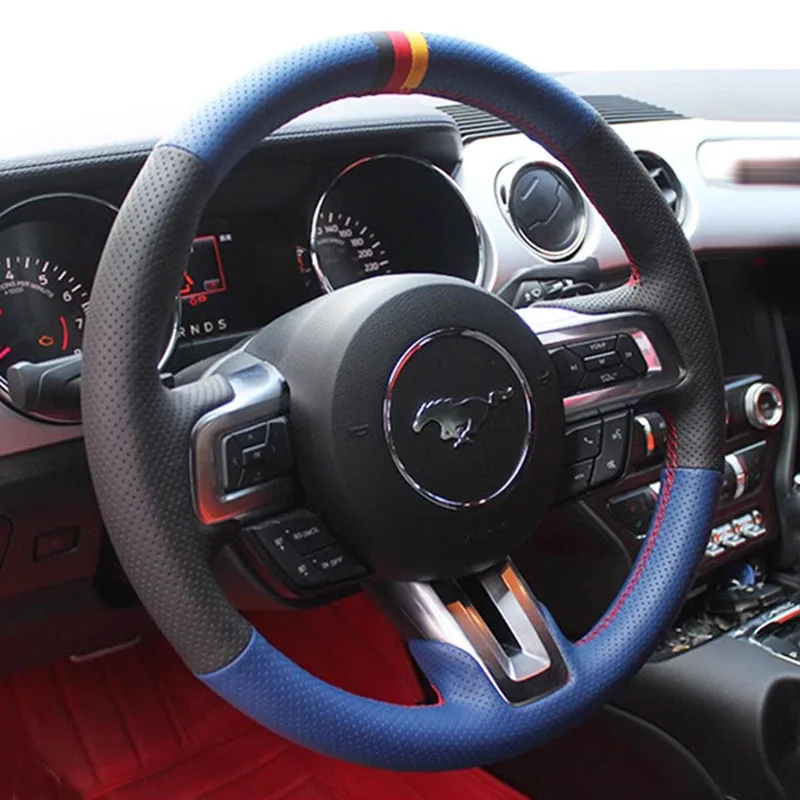 

Для Ford Mustang Mustang GT 2015-2020 ручная прошивка нескользящий черный синий чехол на руль автомобиля из натуральной кожи
