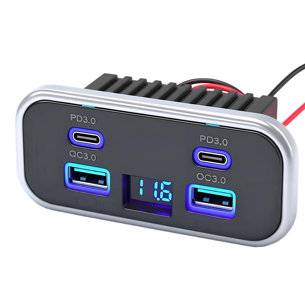 

4-портовая USB-панель для автофургонов, 76 Вт, с двумя портами QC3.0 (18 Вт) и двумя портами PD3.0 (20 Вт), с вольтметром, для автомобилей, грузовиков и морского транспорта 12В/24В