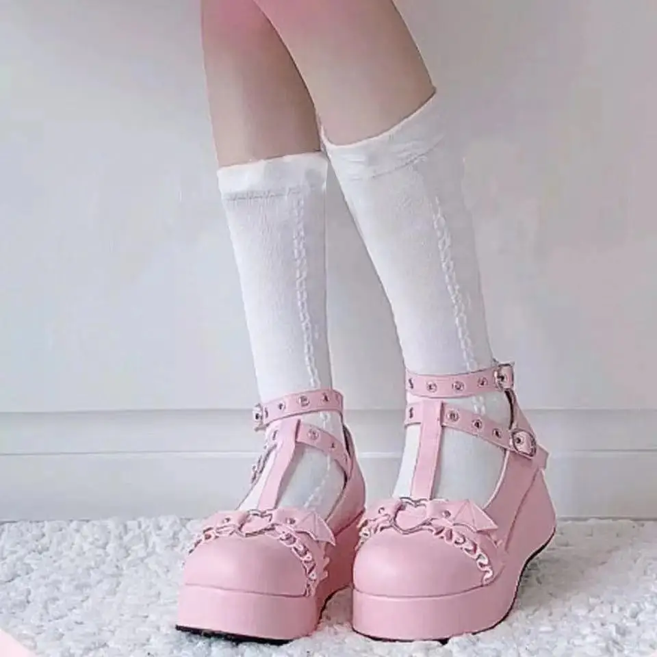 new Sweet Heart Buckle Wedges Mary Janes Women Pink T-Strap Chunky Platform Lolita Shoes Woman Punk Gothic Cosplay Shoes