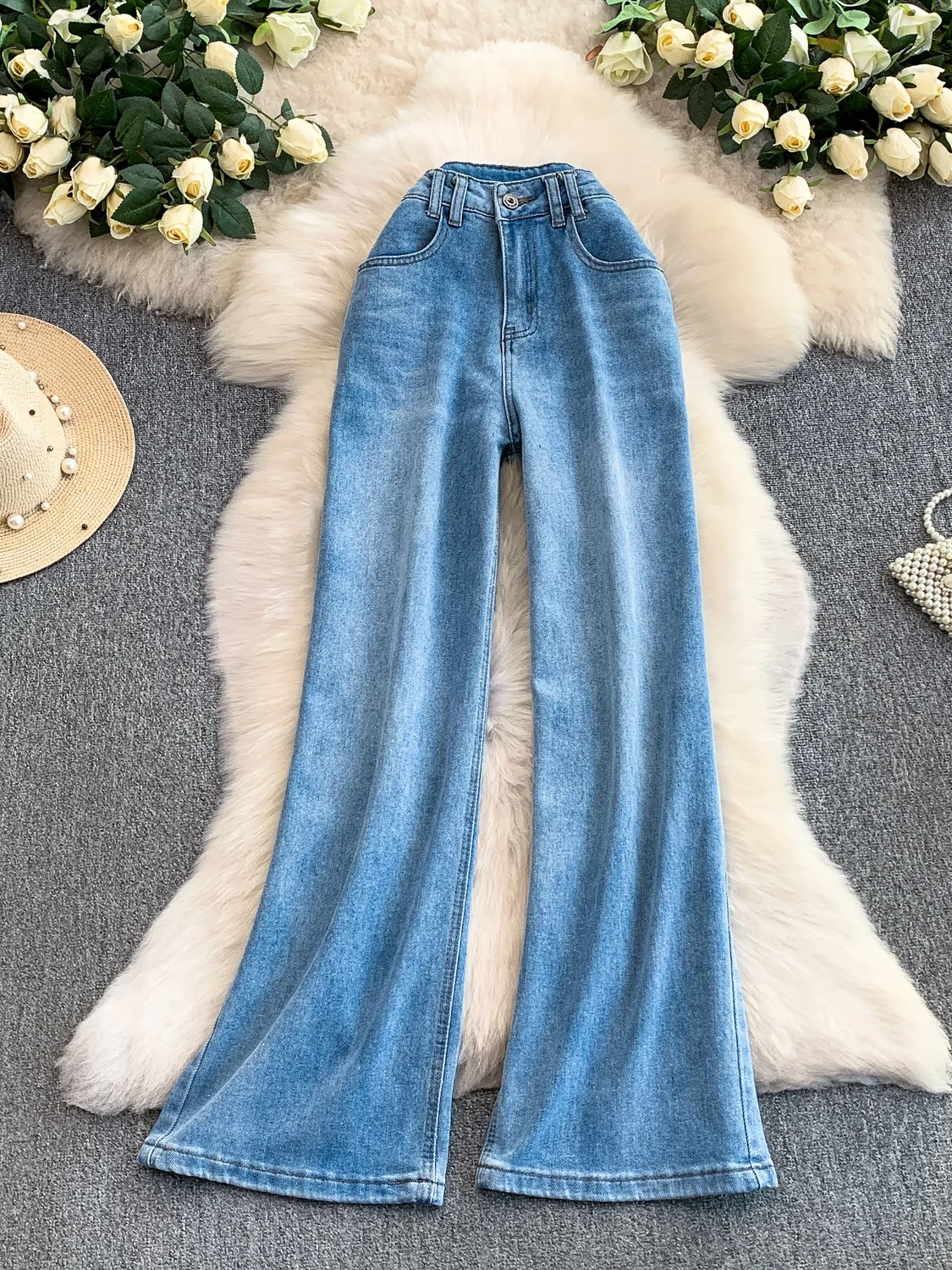 

High Waist Blue Jeans Women's Casual Straight Leg Loose Fit Autumn Winter Faion plus Size Pants High Rise Slimming Effect
