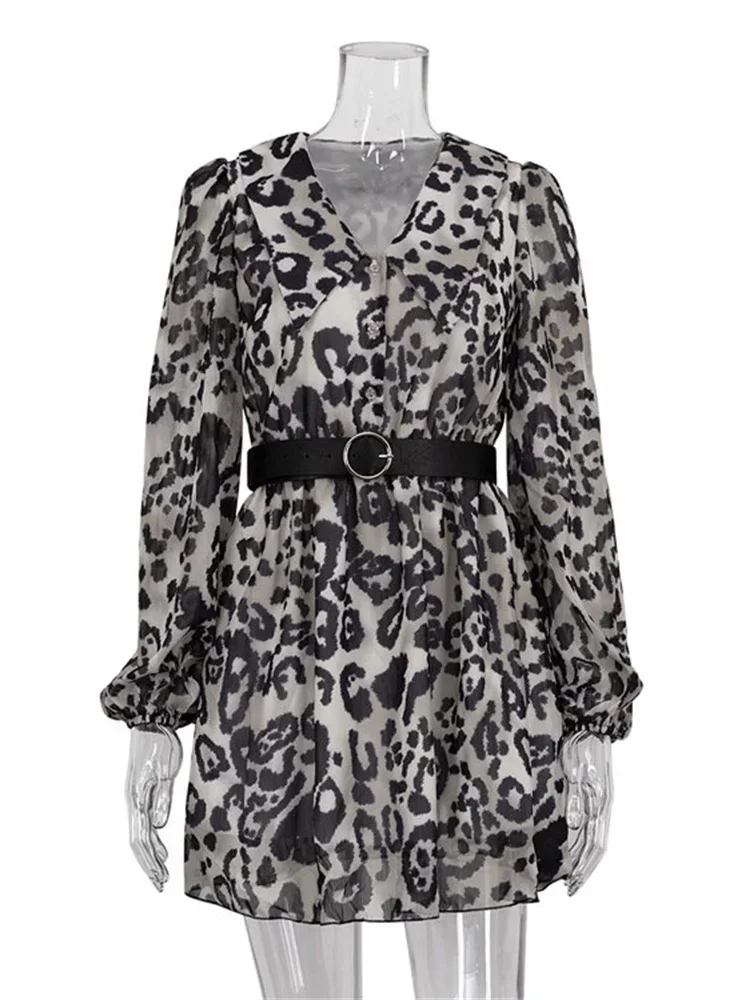 Mini vestido transparente estampado com decote em v para mulheres moda em camadas manga comprida casual vestido de rua alta verão vestido de chiffon