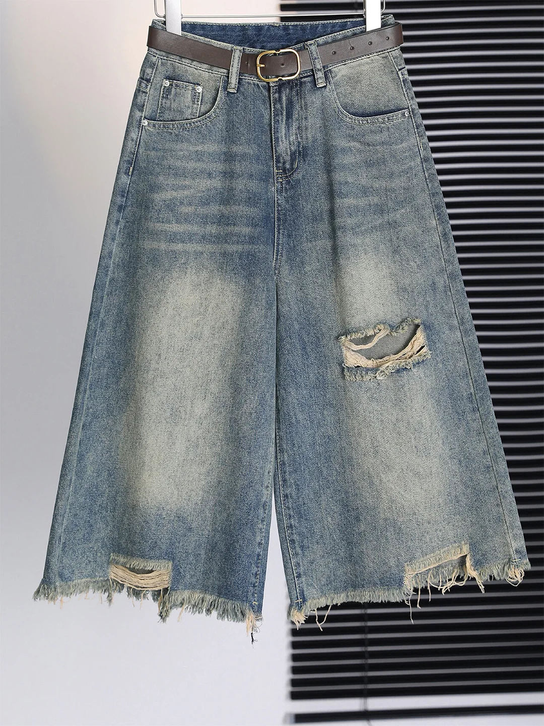 

High Waist Loose Fit Thin Denim Jeans Women's Vintage Hole Wide Leg Pants Summer New Style plus Size Casual Pure Color