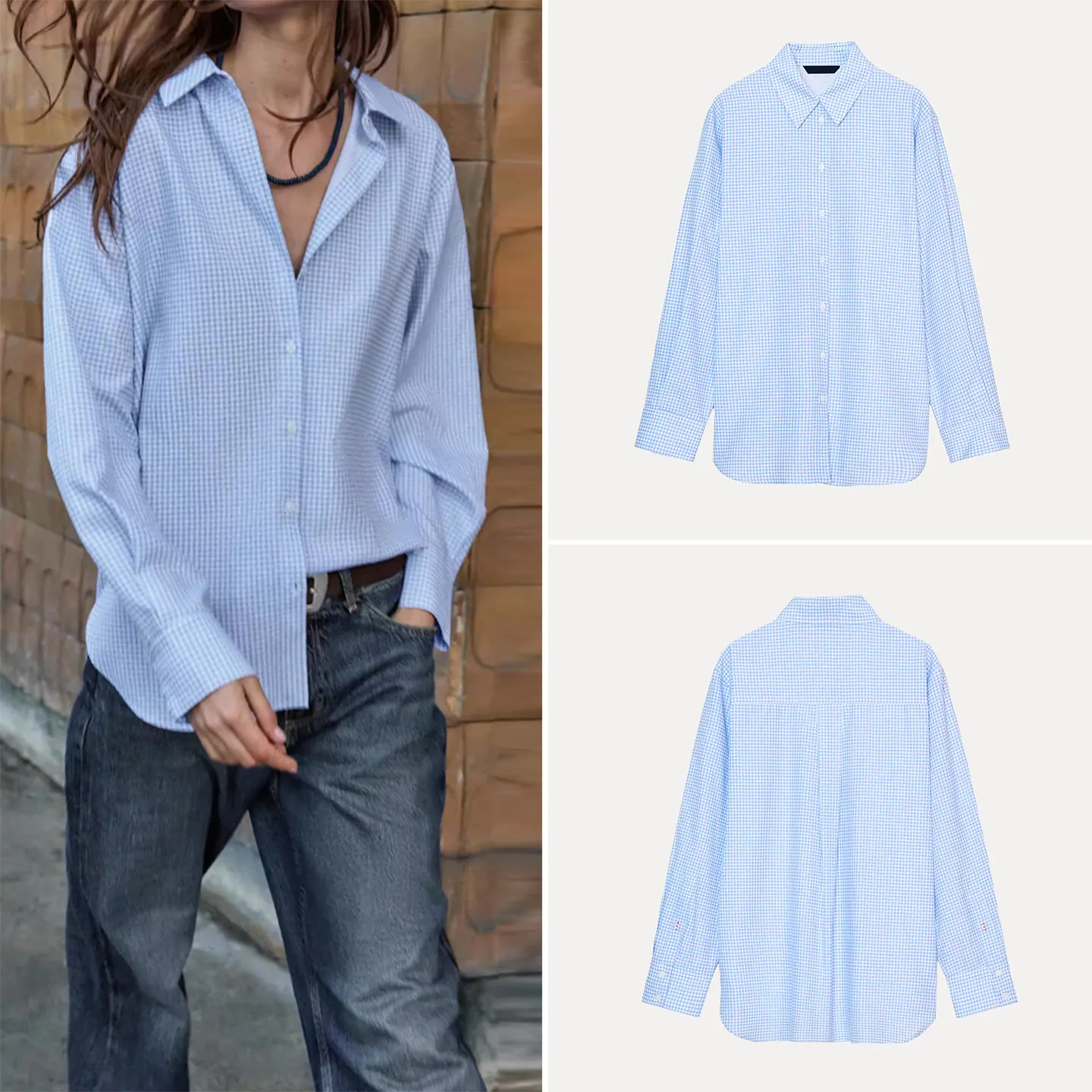 

Женская базовая рубашка в клетку, весна 2026, с длинным рукавом, на пуговицах, с воротником, для повседневной носки, свободного кроя, из других материалов, 00% без специальных добавок.