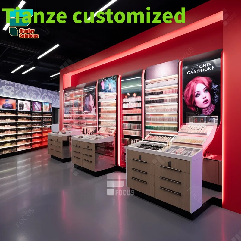 Customized-Cosmetics Wooden Displays Perfume Middle Stand Display Wig Rack Beauty Store Shelf