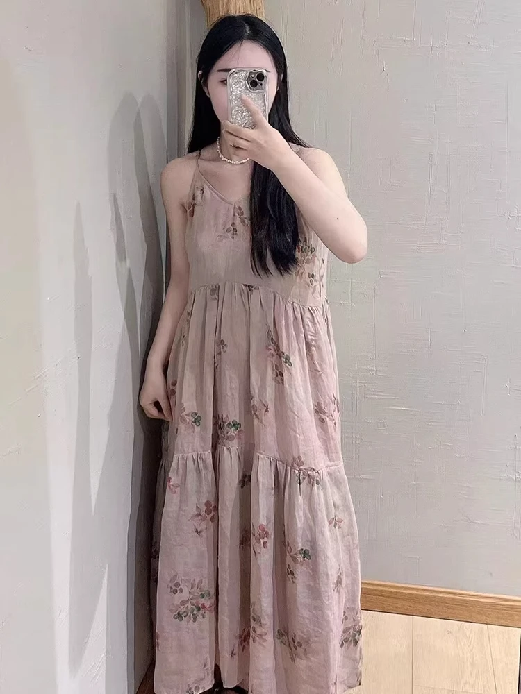 Retro algodón Lino estampado Floral Maxi Dr mujeres verano vacaciones al aire libre Sle reducción de edad adelgazante V-Ne Svel vestido