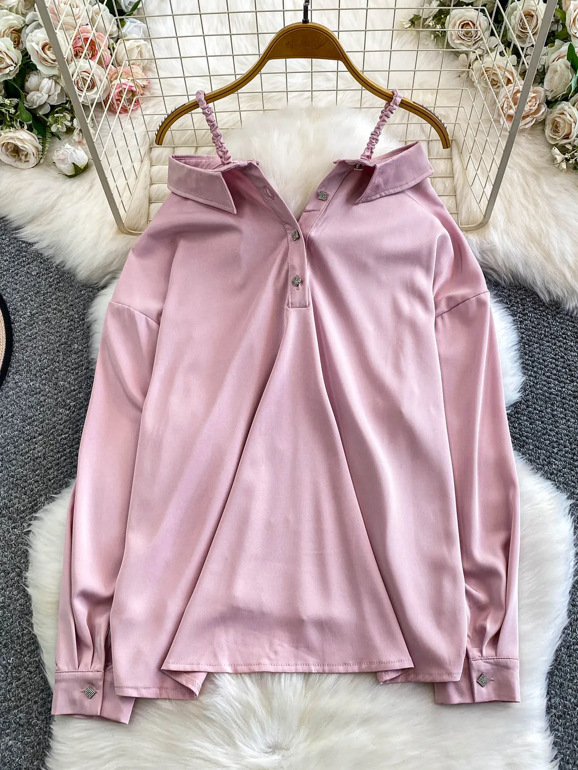 Sexy oulder Bared soie irt femmes automne hiver Faionable exquis embelli bouton Strapl Long Sve tenue décontracté