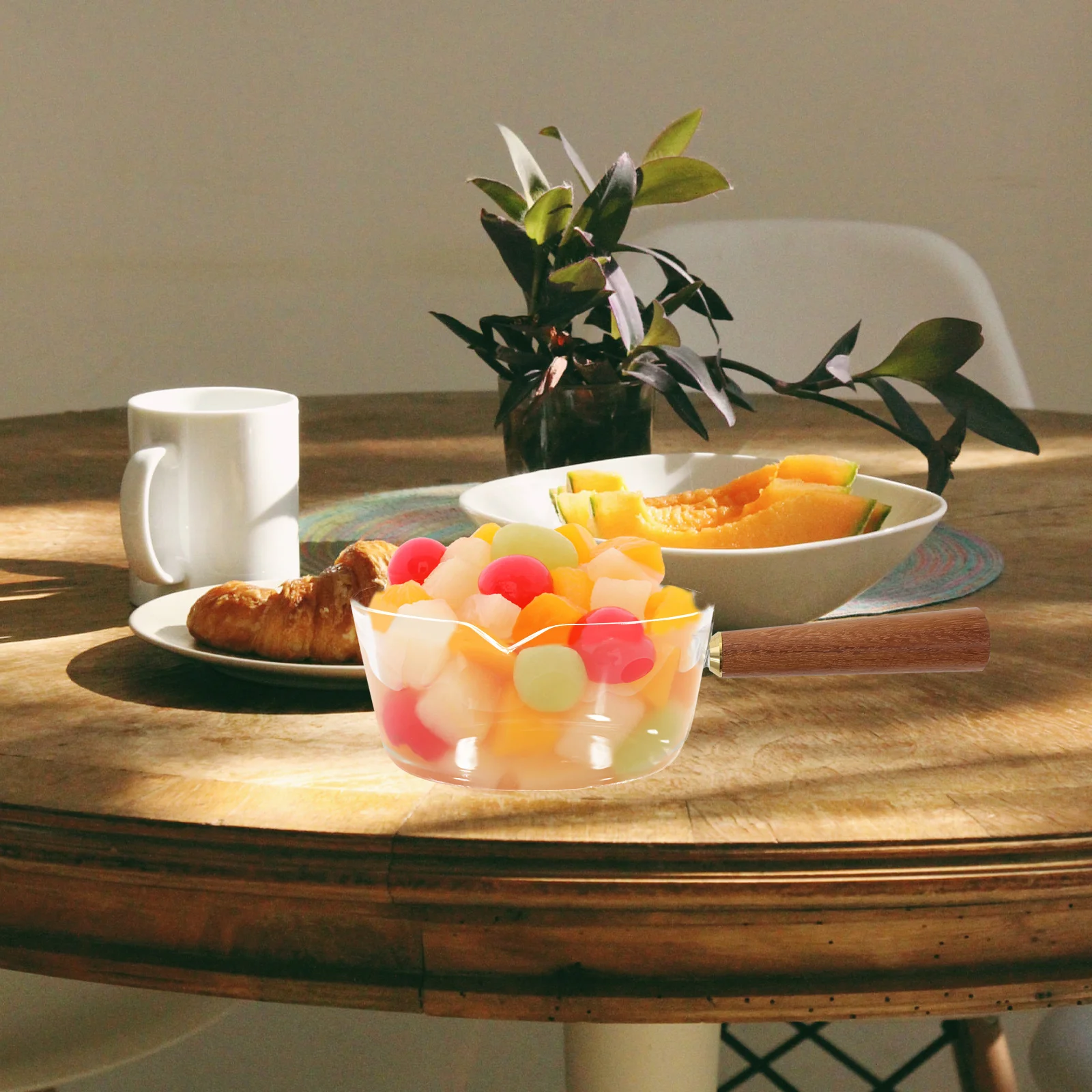 

1Pcs Glass Breakfast Pot with Wooden Handle Multi-Functional Household Milk Soup Noodle Cooking Pot Transparent Kitchen