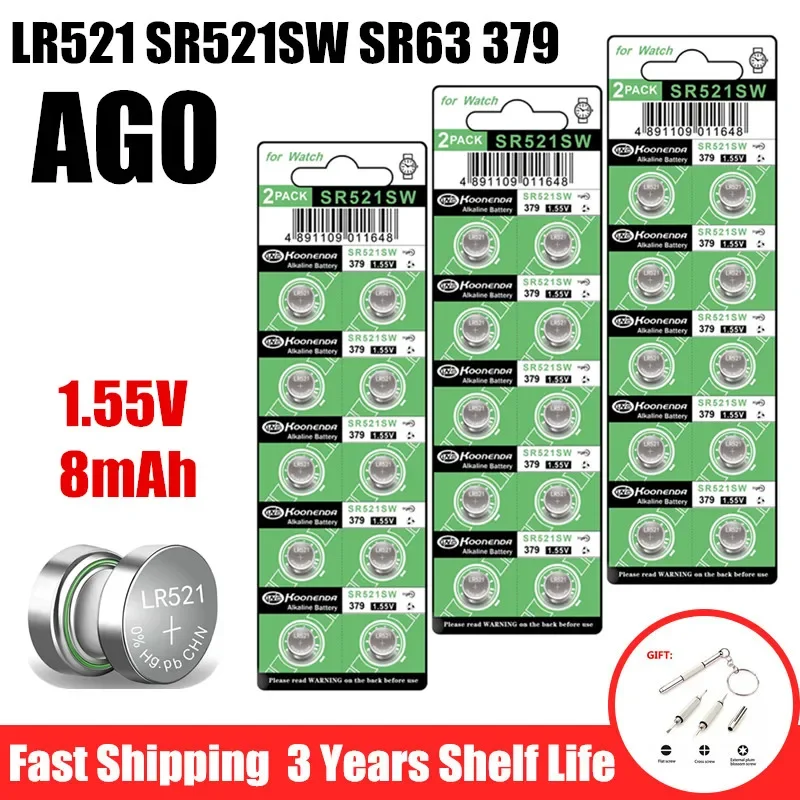 

6-100Pcs AG0 LR521 Batteries LR63 SR521 SR521S SR521SW SR63 379 1.5v Alkaline Button Cell Battery for Calculators Watches