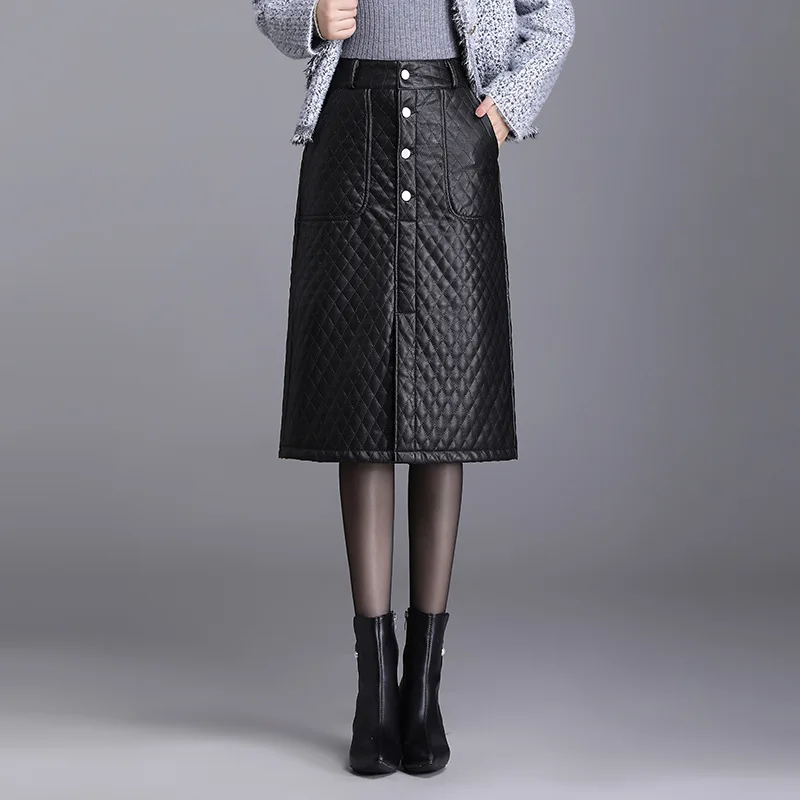 

Korean Version of Casual Thickened Half Body Leather Skirt, Women's Winter Solid Color Slim-fit Slit Hip Wrap Half Body Skirt