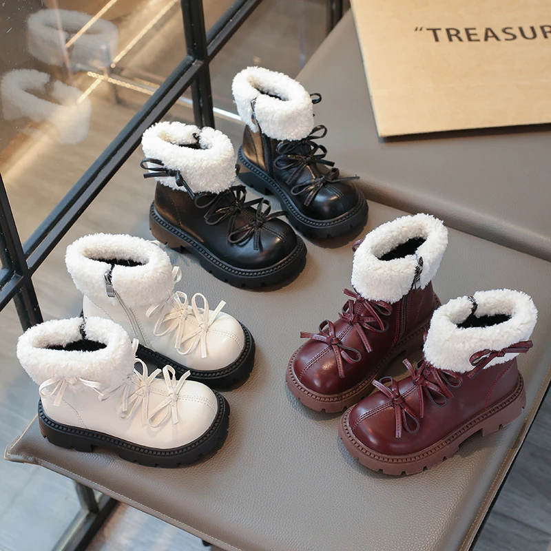 Children Snow Boots Girls Warm Plush Ankle Boots for Kids Girl Nice Bow-knot Non-slip Soft Sole Cold-proof Platform Kids Shoes
