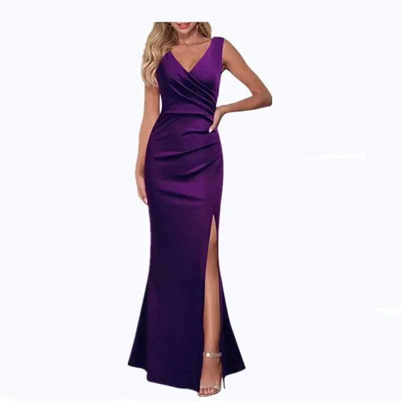 Women\'s V-neck Sleeveless Maxi Dress Summer Party Dance Slim Side Slit Evening Dress Sexy Backless Elegant Long Dress Partywear