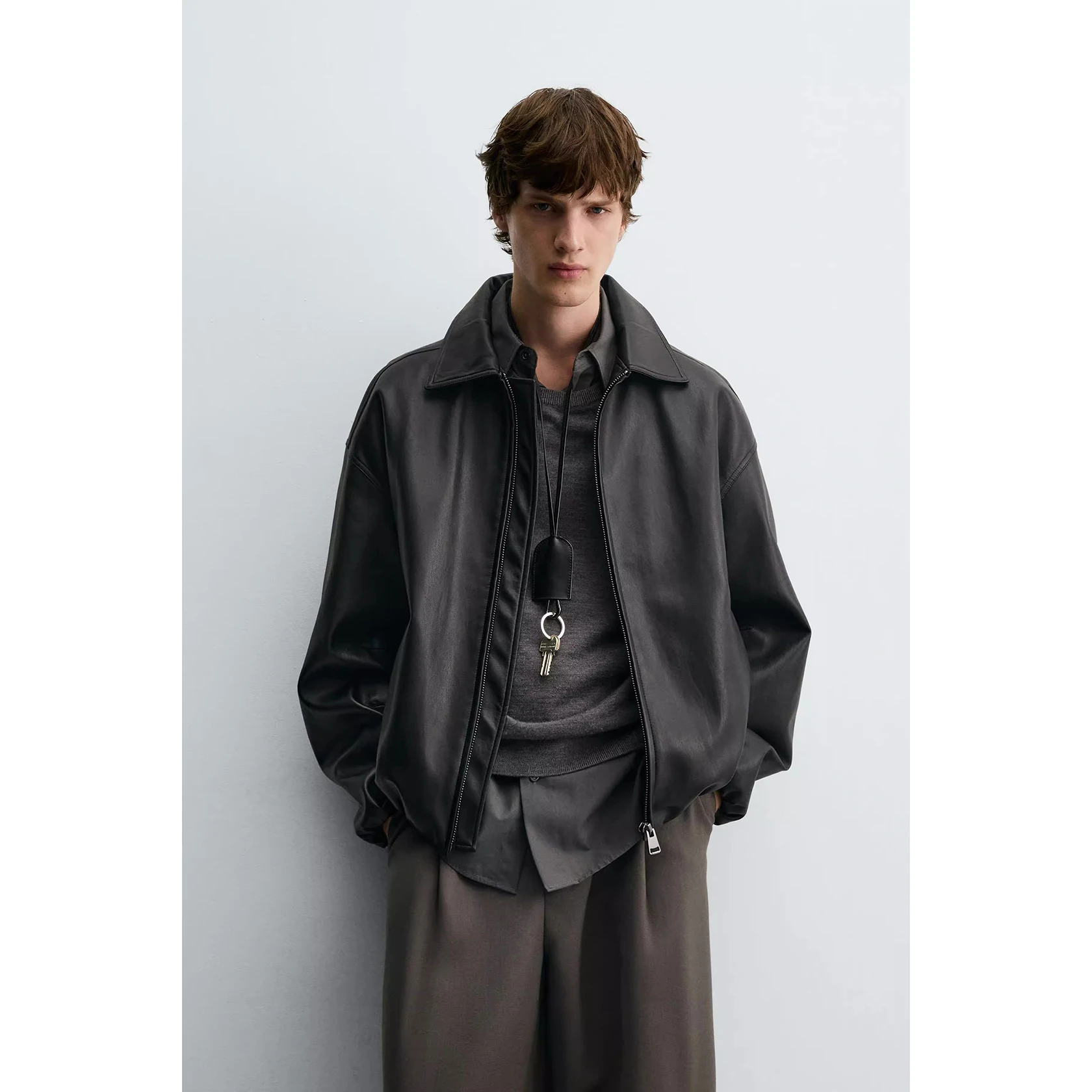 

New Arrival Autumn Men's Jaet Pilot Coat Leather Simulation with ket Design Casual Long Sve Flip Collar Outerwear
