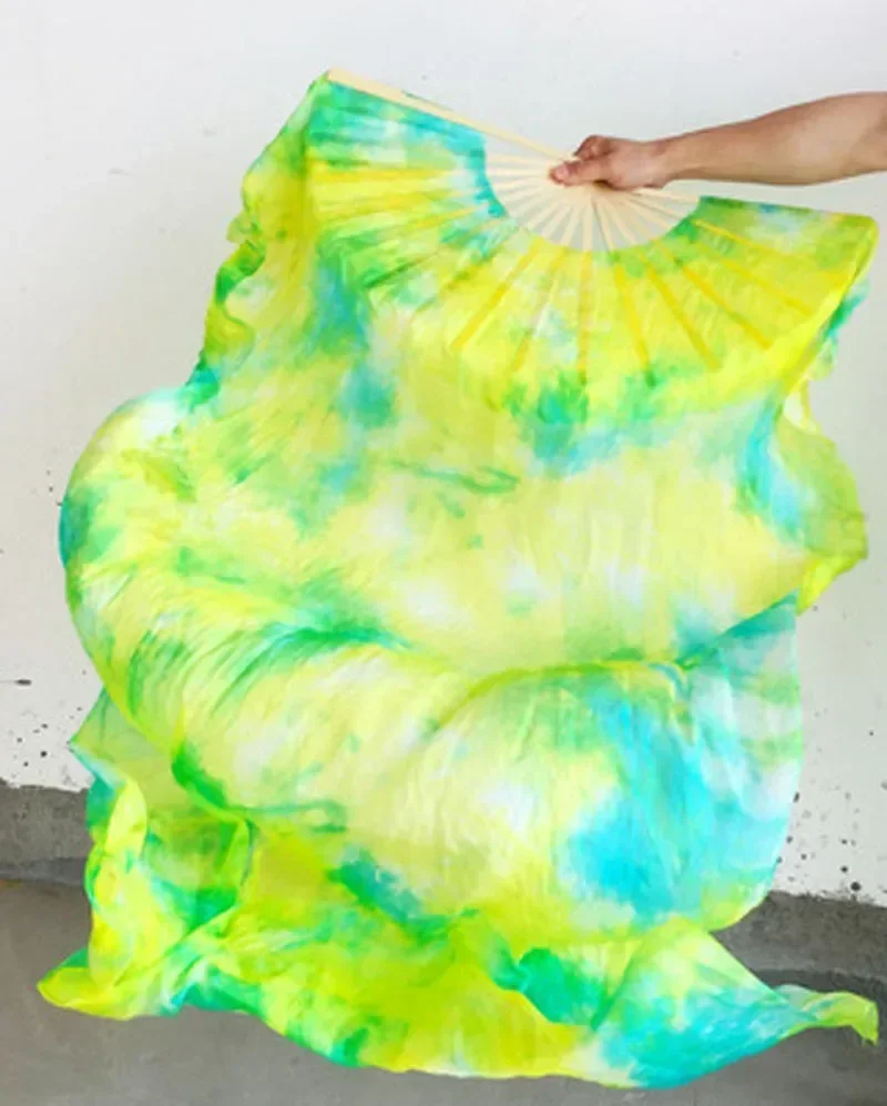 Nova chegada tie-tingido 100% seda real fãs de seda de dança do ventre 1 par artesanal tingido seda barriga longo ventilador de dança chinesa véus