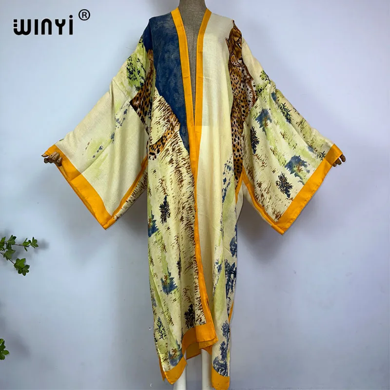 

WINYI kimono new boho beach summer Oil painting print Bikini cover-up sexy vestidos para playa long Sleeve swimsuit woman kaftan