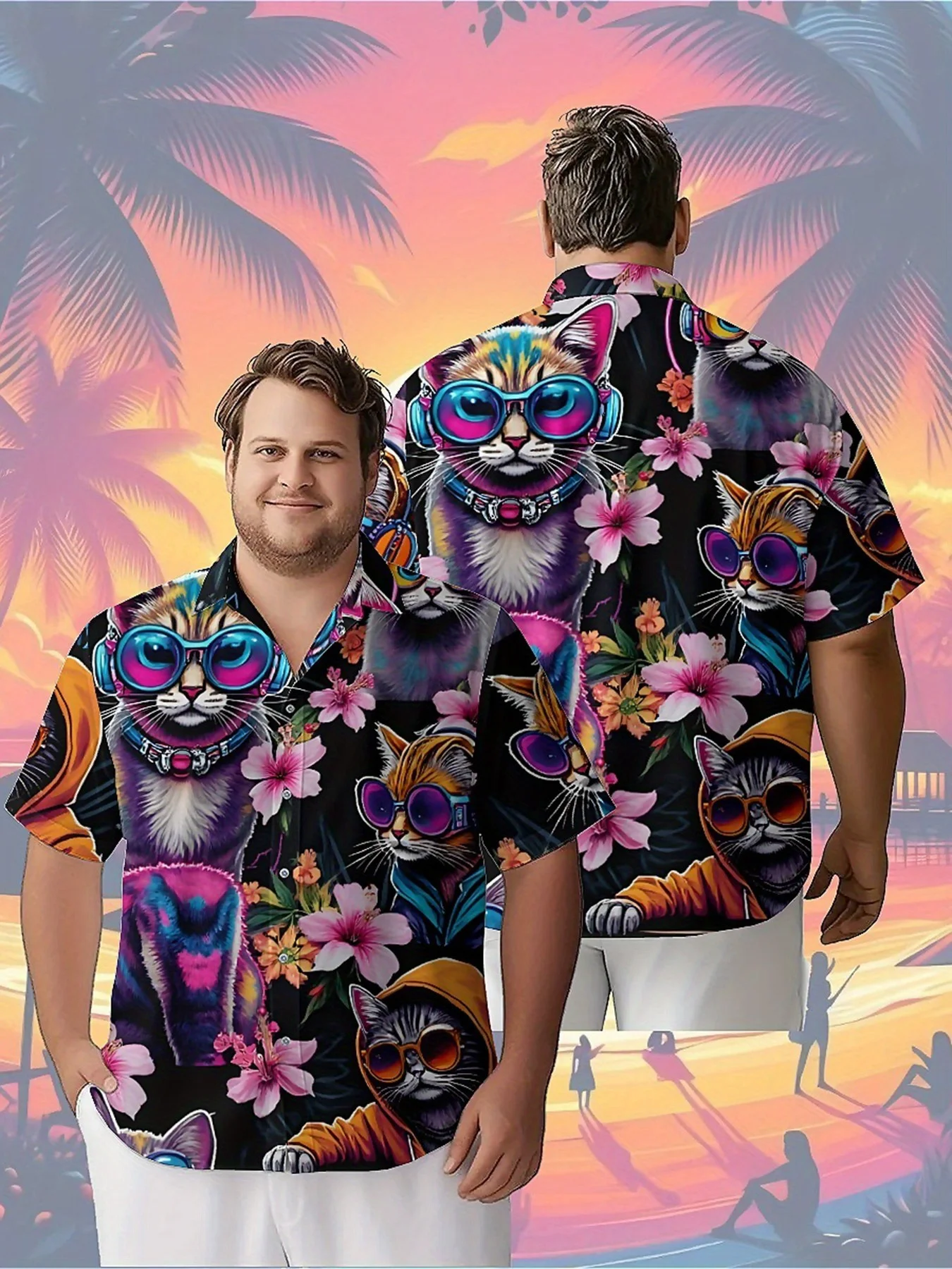 

Men's Plus Size Hawaiian Shirts Cool Cat Ears and Headphones Pattern, Unisex Aloha Shirts,New in Summer Tops Tee,streetwear