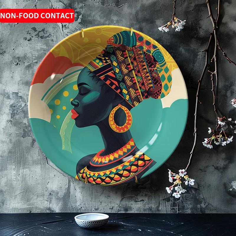 1pc Bohemian Style Ceramic Decorative Plate - Hand-Painted African American Woman Art, Non-Food Contact, Vibrant Wall Decor for