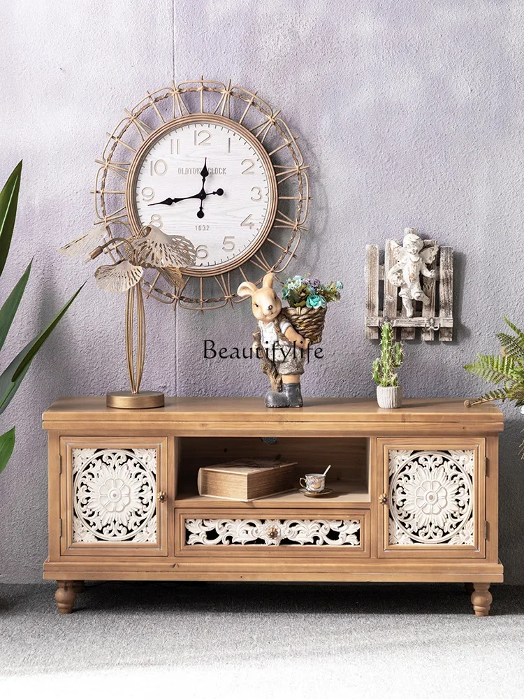 

American Country Retro Entrance Cabinet Solid Wood Floor Carved Storage Organizer Storage Cabinet