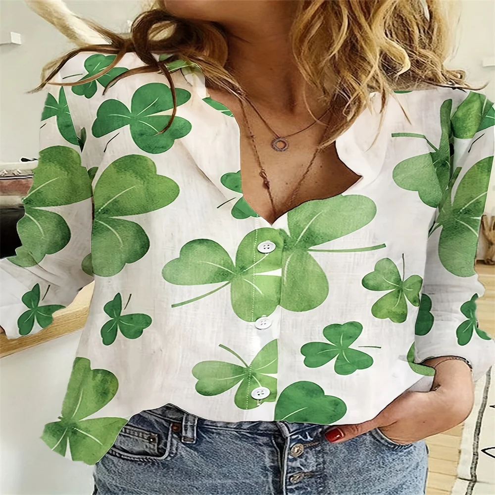 Women's Shirt With Vibrant Clover Print Long Sleeved Button Top Loose Fit Soft And Versatile Fabric, Perfect Choice For Spring