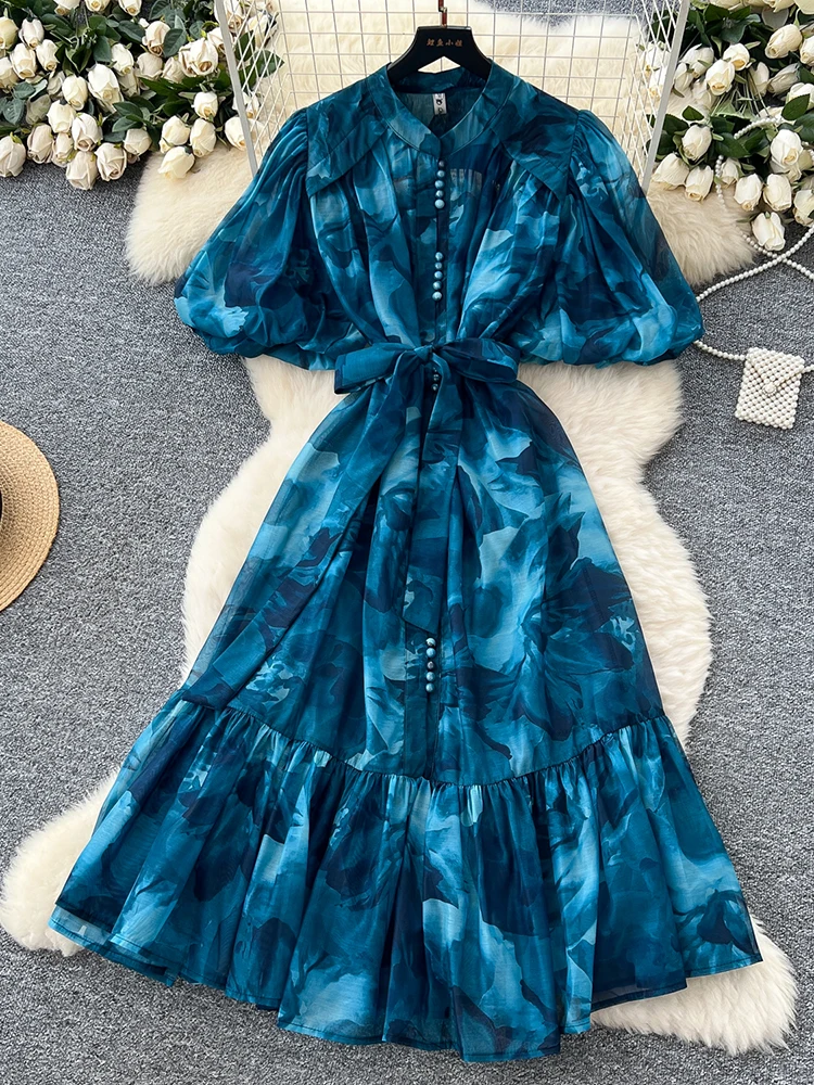 หรูหรายุโรป High-end พิมพ์แขนฟองชุดผู้หญิงฤดูร้อนสายรัดเอว Cinching Elegant Party Dress S77