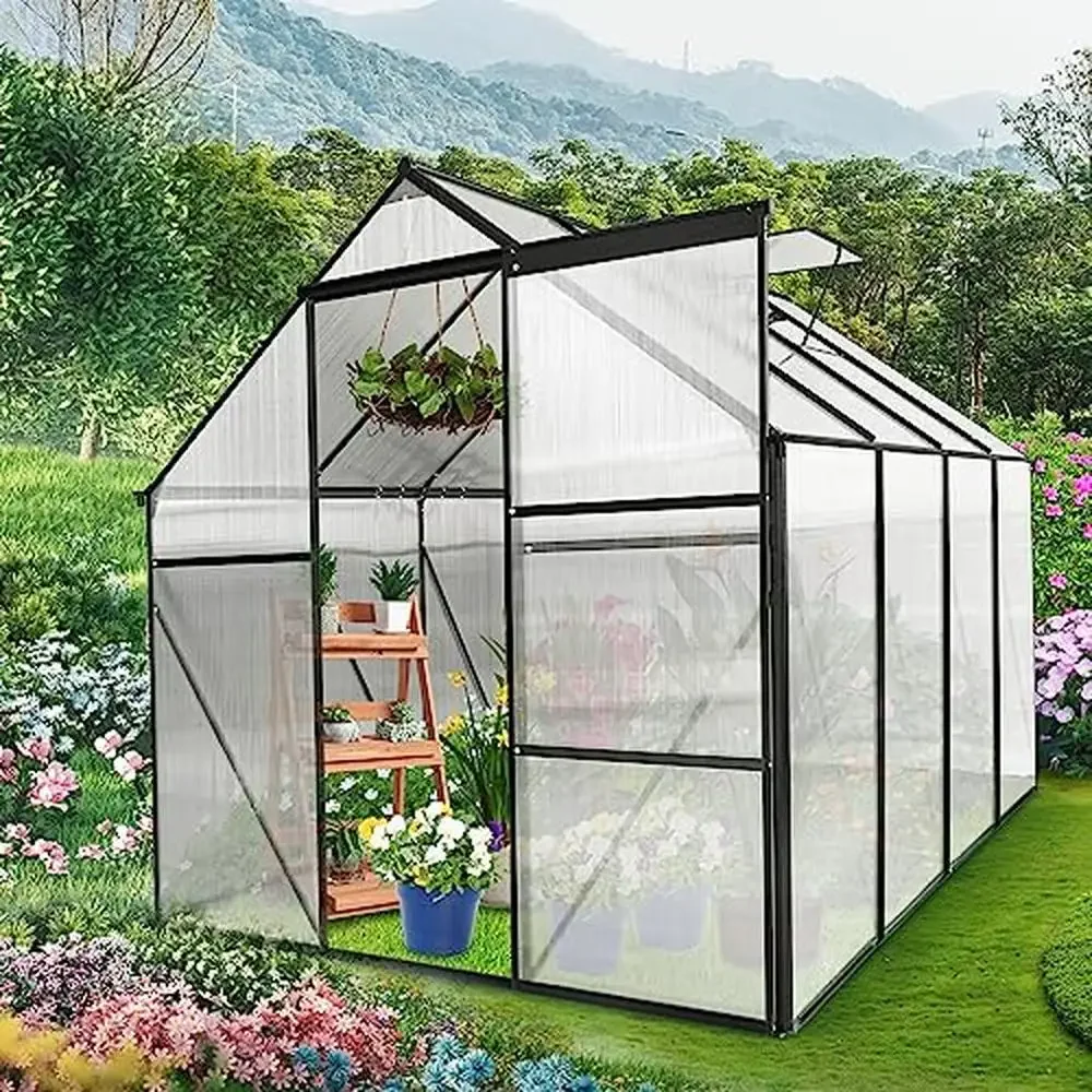 Walk-In Polycarbonate Greenhouse 6x8FT with Sliding Door Adjustable Roof Drainage System Galvanized Base Heavy-Duty Frame High