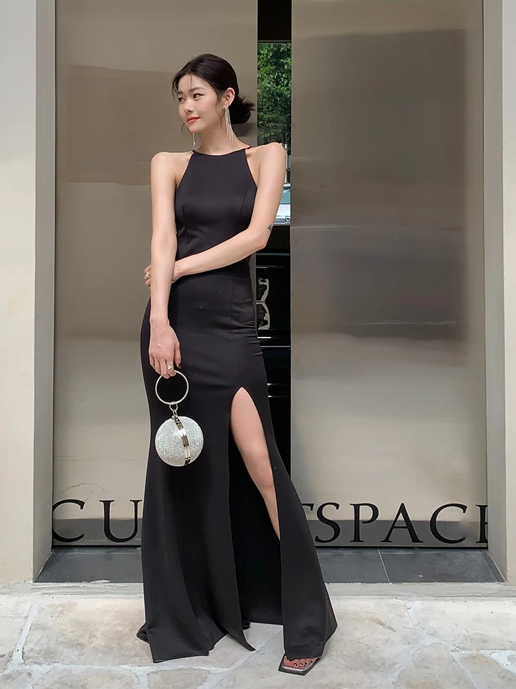 

Элегантное черное длинное вечернее платье с открытой талией, фасон «русалка», с завышенной талией, модное, роскошное, в стиле Хепберн, с открытой спиной