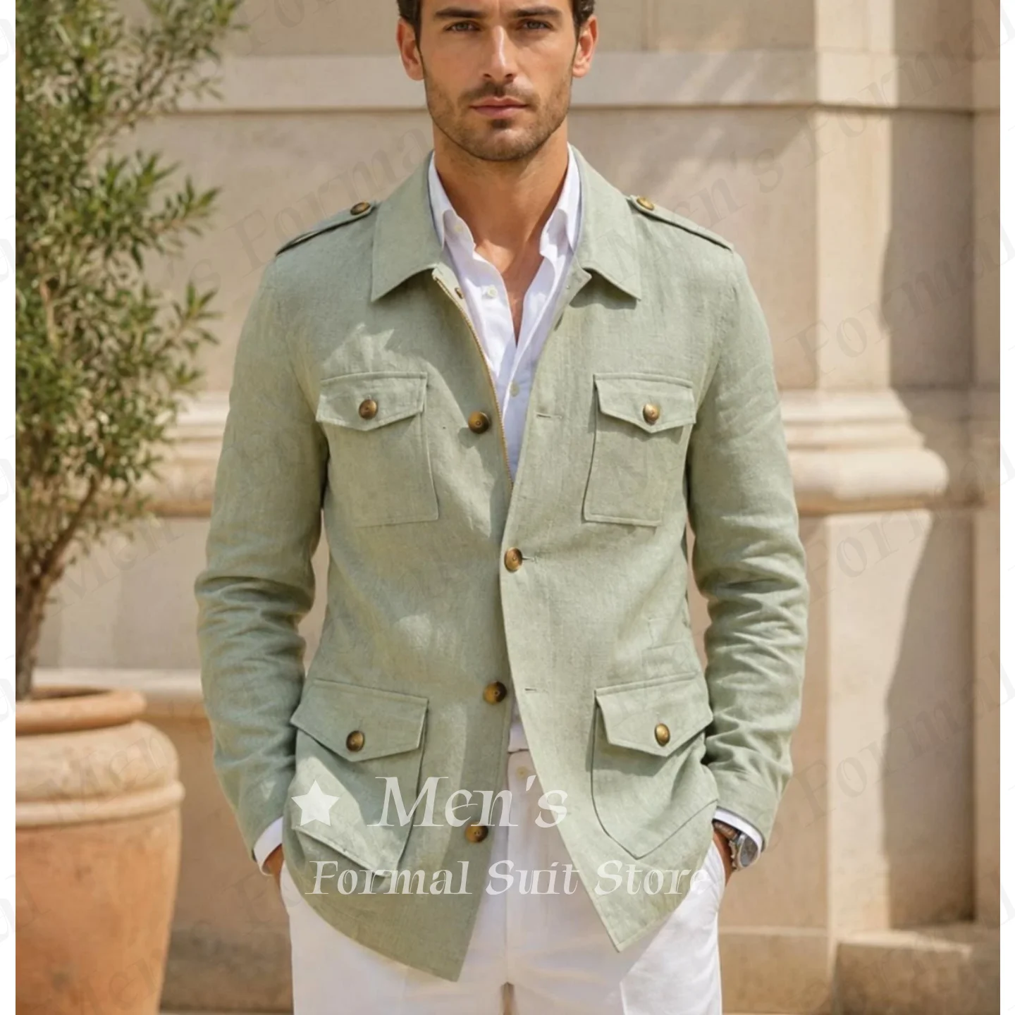 Sage Green Linen Safari Jacket For Men British Vintage Hunting Blazer Thin Breathable Summer Only Coat British Style Customized