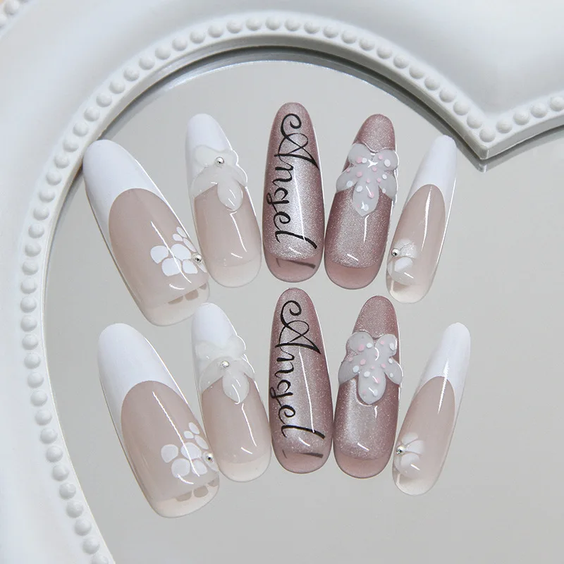 30pcs Press on Nails in Reddish Brown French Style with  Floral Designs Almond Shaped Perfect for Girls or As A Gift for Friends