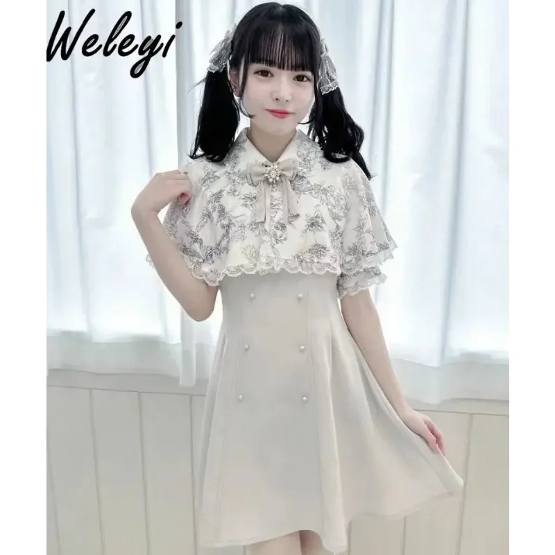 

Japanese Style Bow Cloak Midi Dresses for Women 2024 New Sweet Mine Mass Produced Removable Printed Shawl Short Sleeve Mid Dress