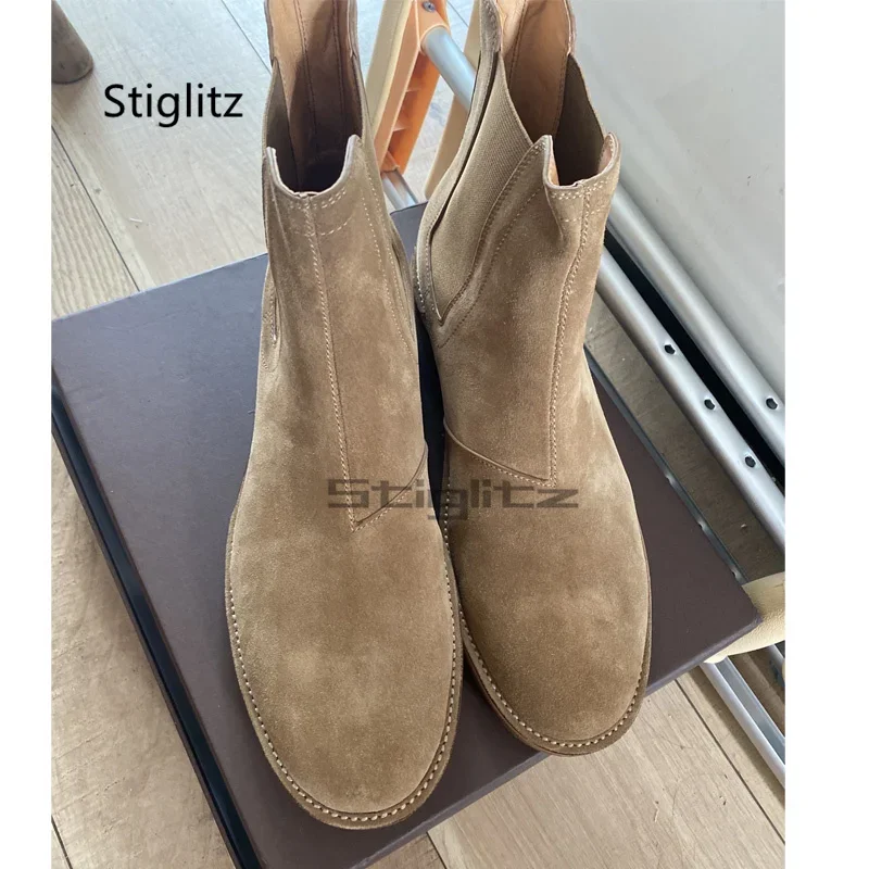 

Замшевые зимние ботинки челси для мужчин, эластичные ботильоны из верблюжьей кожи с круглым носком, повседневная деловая мужская обувь