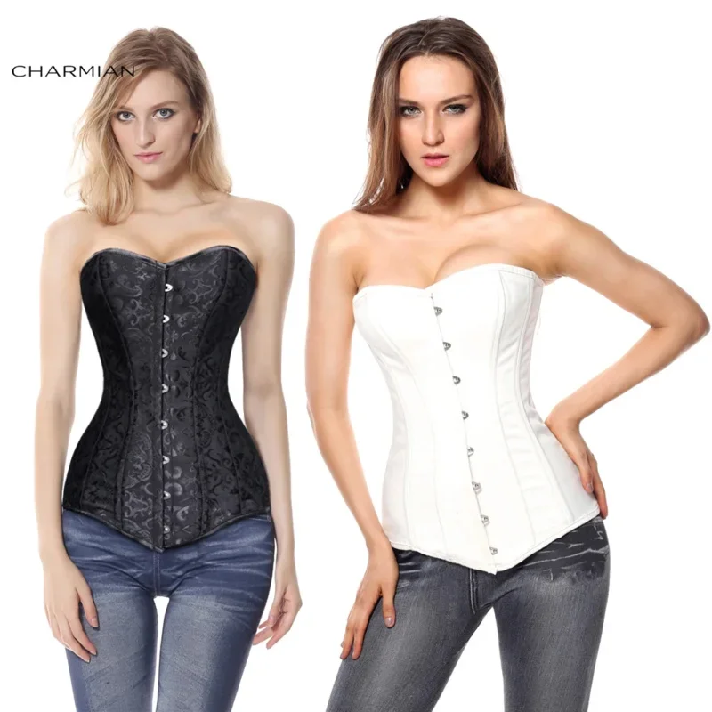 SN88 Charmian Black Corset For Women Sexy 26 Steel Boned Long Torso Plus Size Brocade Hourglass Shapewear White Corset Waist%#2@