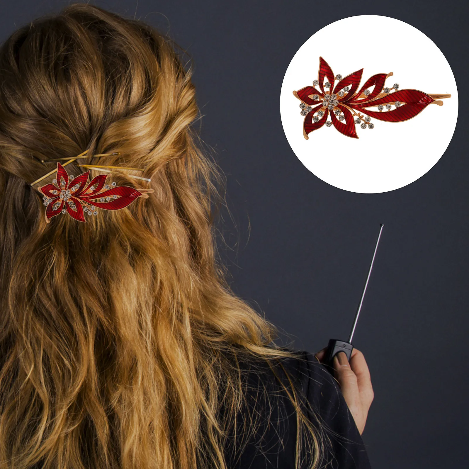 

Water-Drill Alloy Hairpin Leaf Shape Hair Clip Red Elegant Hair Accessories for Women Girls Rhinestone Hairpin Wedding Birthday