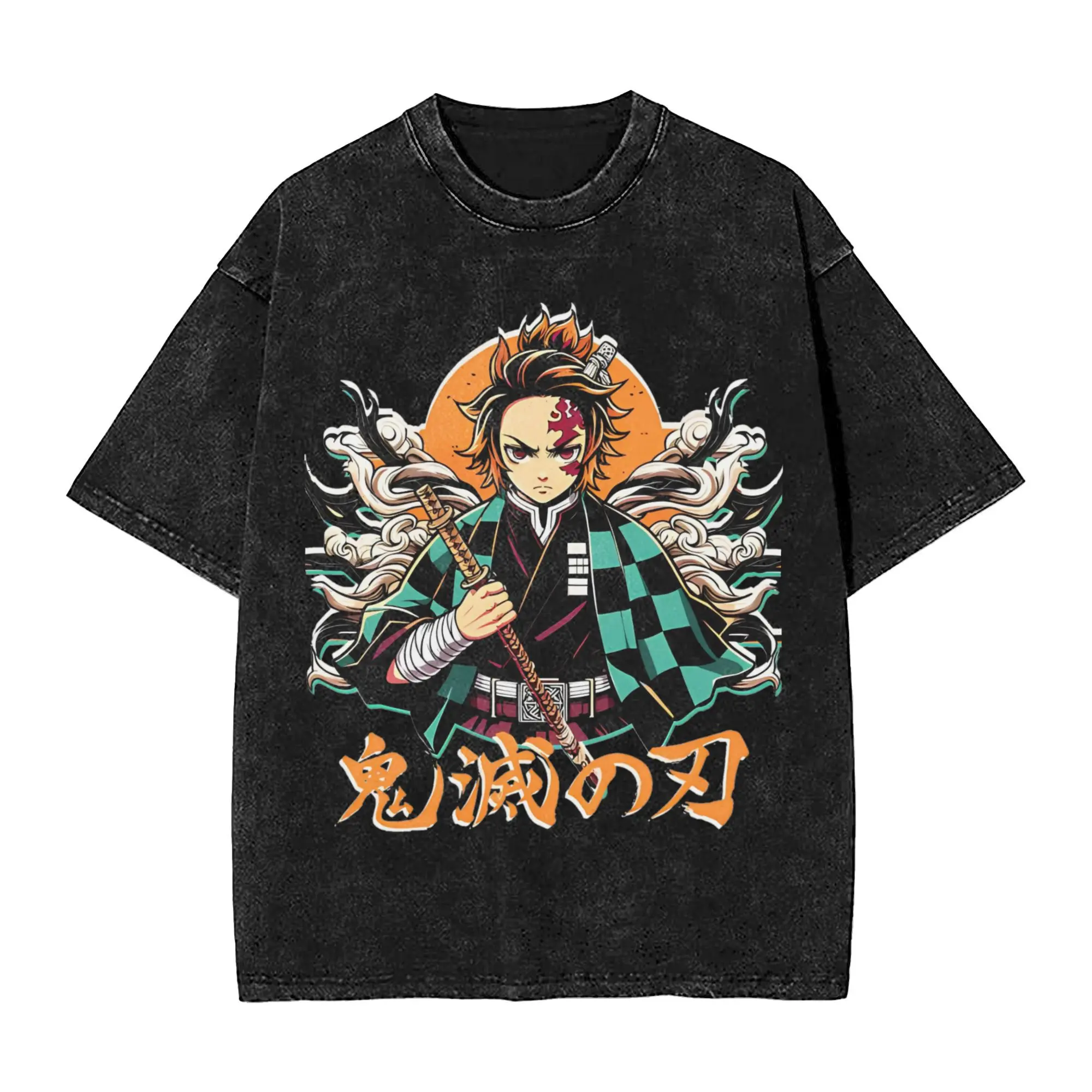 Washed T Shirt Kamado Tanjiro Anime T-Shirts High Street Demon Slayer Streetwear 100% Cotton Printed Tops Tees for Men Women