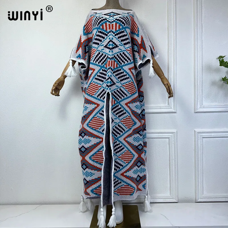 WINYI Geometric print Warm fashion Caftan Africa Holiday dress Elegant party winter فساتين طويلة women vestidos para mujer