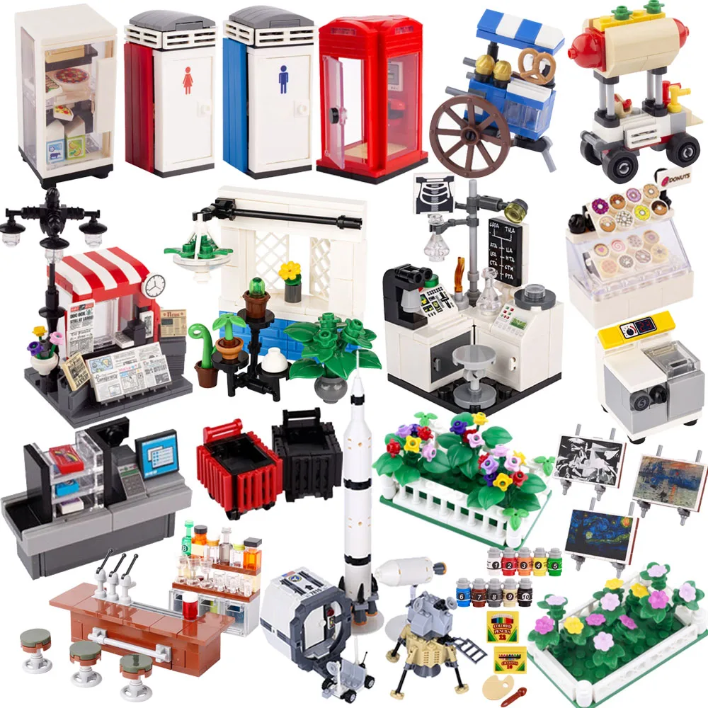 

City Modern MOC Scene Building Blocks Florist Plant Toilet Phone Booth Oil Painting Stand Trash Can Bar Laboratory Toy Gift K043