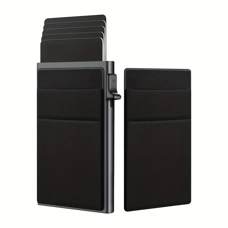 Side Push Elastic Card Strap Double Lycra Fabric Minimalist Men's RFID Metallic Wallet Silver Card Case Coin Purse Card Holder