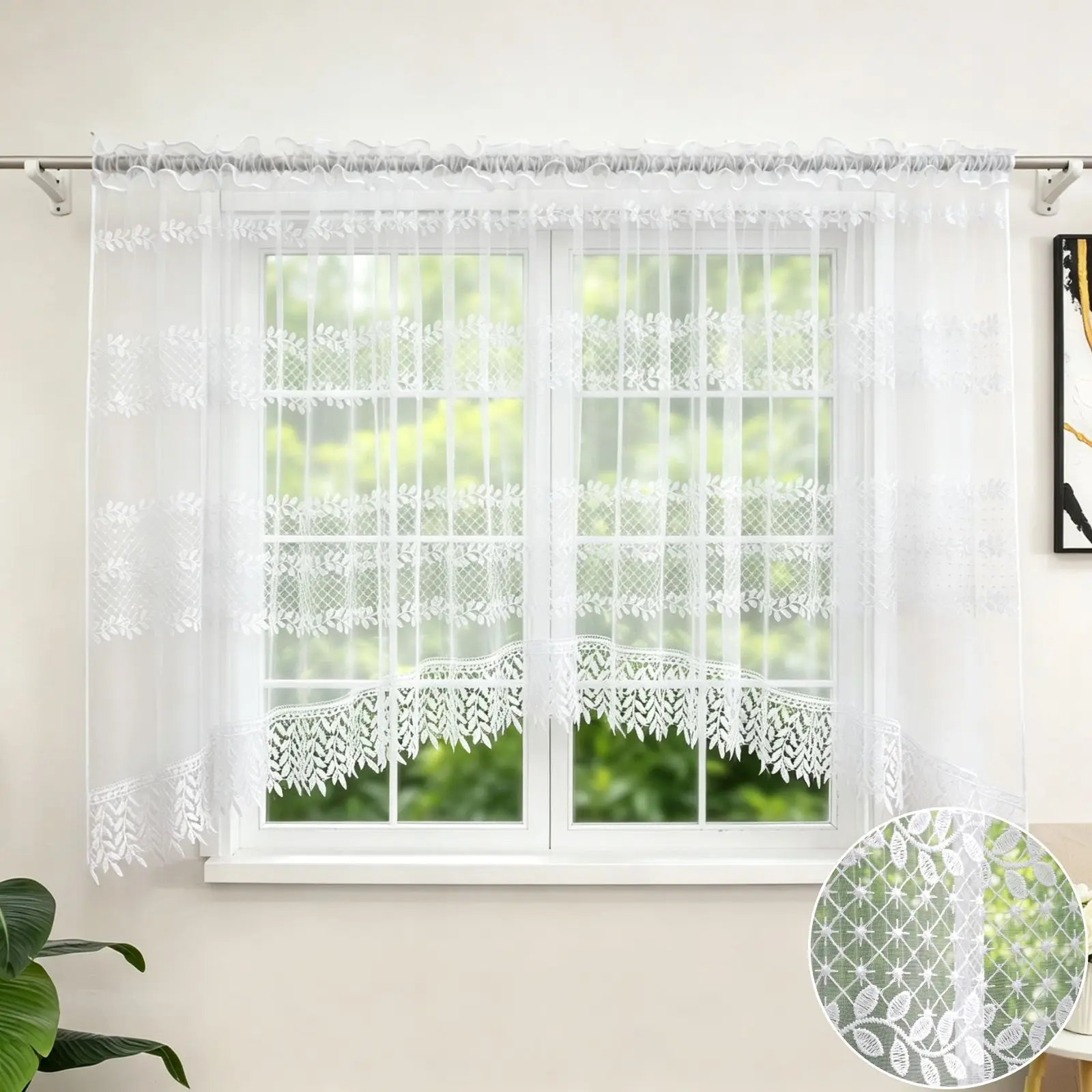 1 Stück Vorhang mit Stangeneinschub, floral bestickte Spitze, halbtransparenter Fenstervorhang, für Schlafzimmer, süßes Einweihungsgeschenk