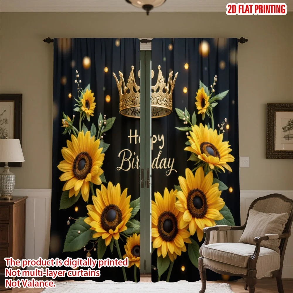 

2D flat printing 2pcs Curtain Birthday Sunflowers and Crown Digital Printed Polyester Drapes All Season Party & Holiday Decor