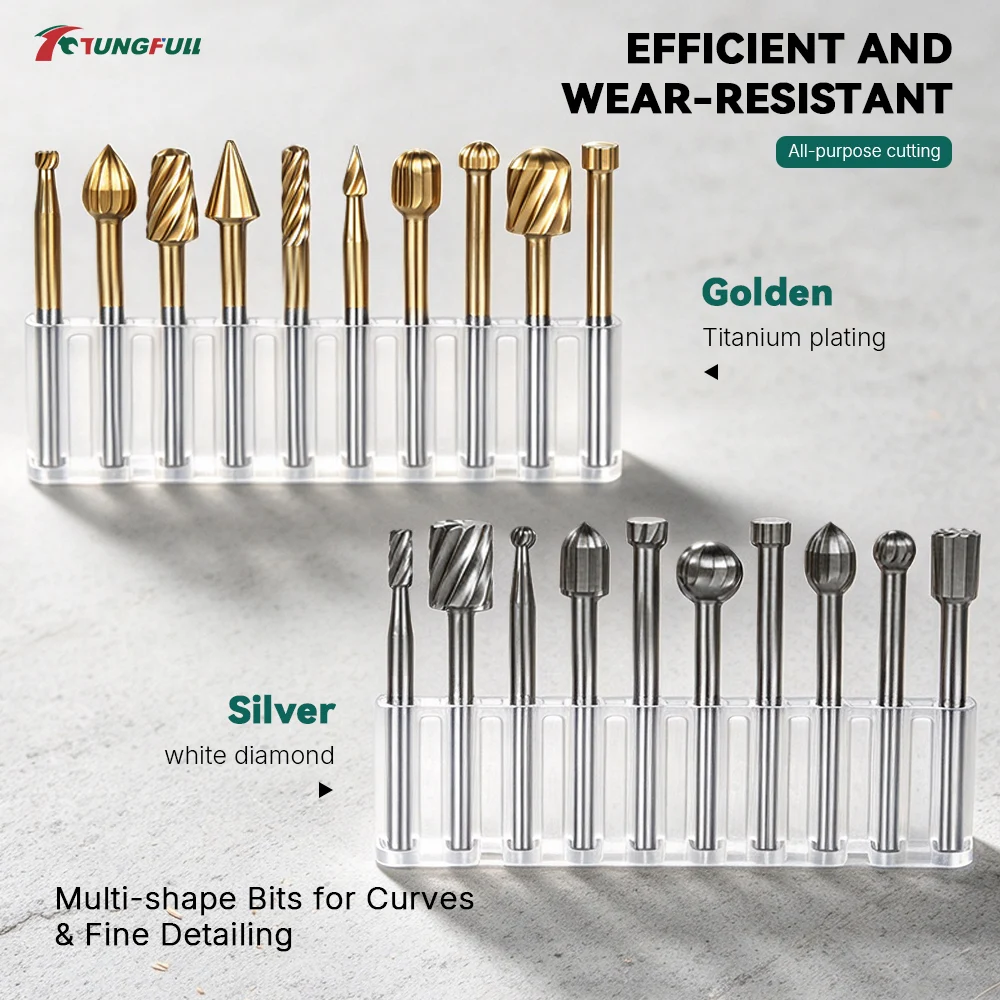 20Pcs HSS Titanium Coated Rotary Burr Set 3.175mm Shank Wood Carving Bits Milling Cutter Rotary File for Dremel Mini Grinder