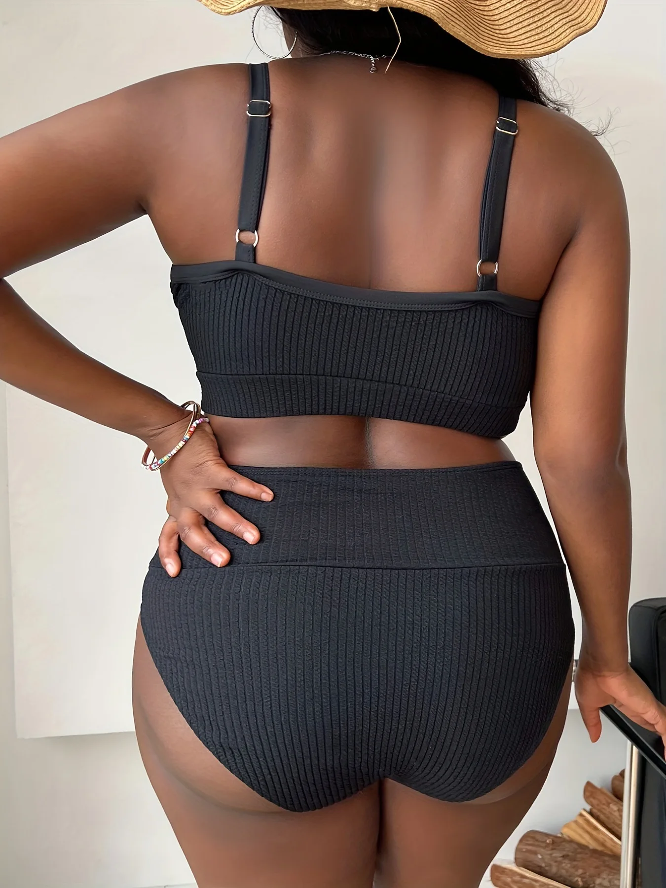 Plus Size Ribbed High Waist Bikini Set Women 2 Pieces Swimwear Push Up Cross Front Bathing Suit Beachwear view 4