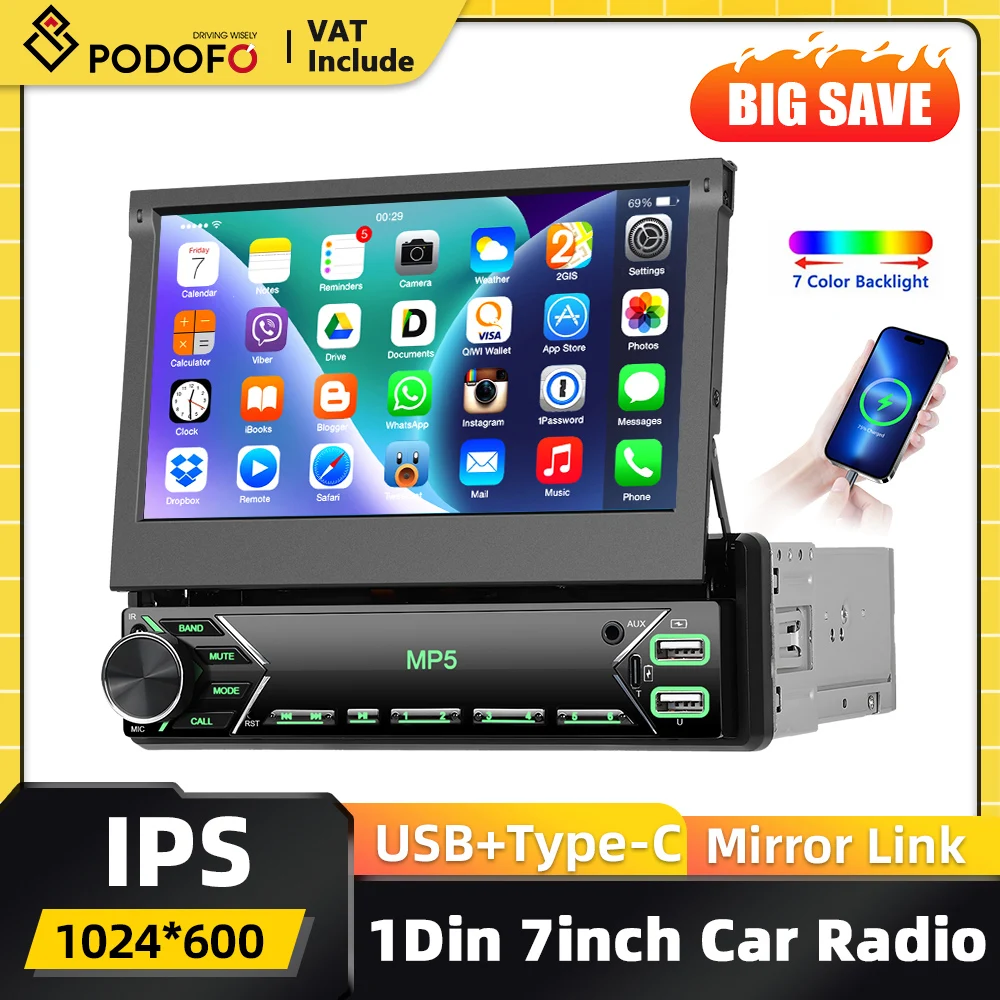 Autoradio Podofo 7 pouces rétractable manuel 1DIN, lecteur multimédia MP5, Carplay, Mirror Link, autoradio 1DIN, récepteur FM, AUX, BT