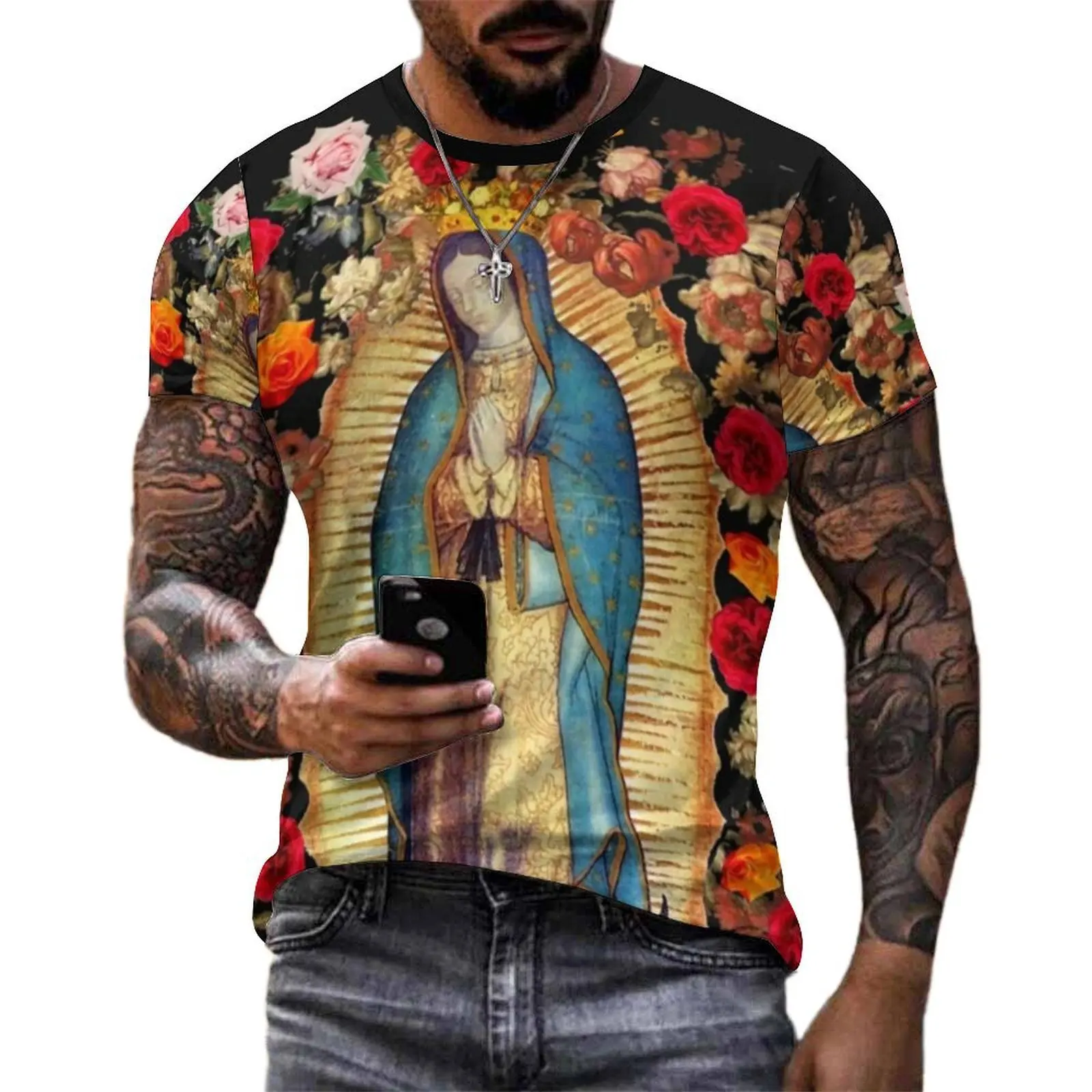 Virgin Mary Mexico T Shirt Catholic Saint Vintage T Shirts Mens Aesthetic Tshirt Original Short Sleeves Pattern Tops Plus Size