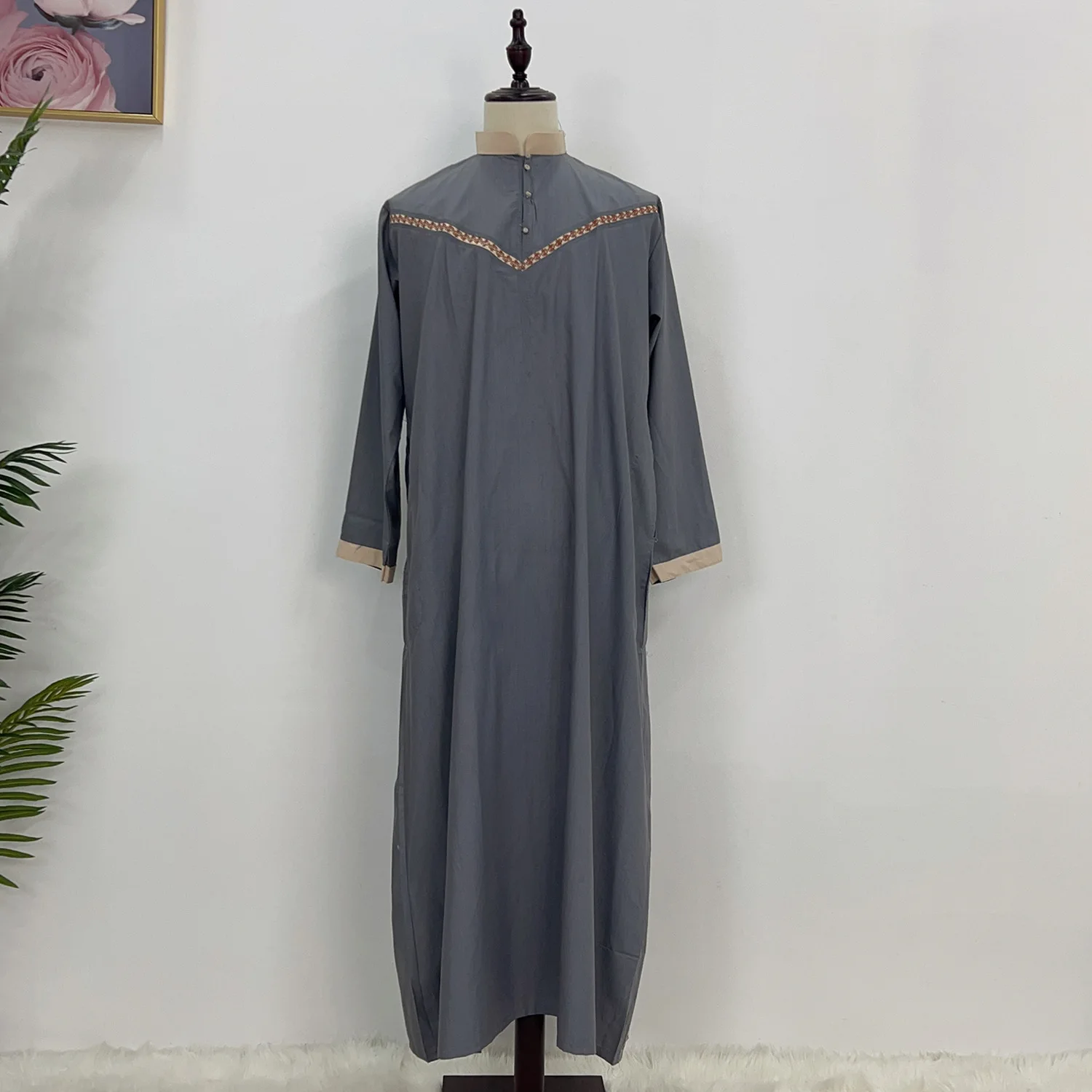 גברים החלוק המוסלמי islamic ramadan juba kaftan צבע מלא שרוול צווארון שרוול ארוך חולצת טריקו רופף שמלת טוניקה