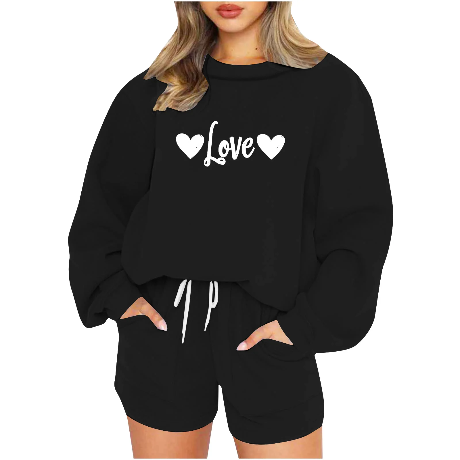 Valentine's Day Love Print Two Piece Set Women Fashion Trendy Pullover Sweatshirt Drawstring Shorts 2 Piece Sets Lady Autumn New