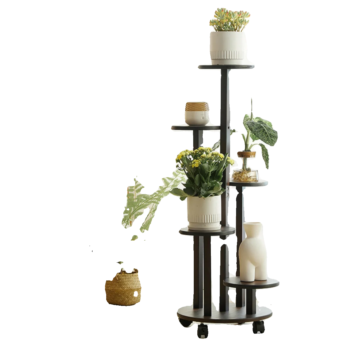 

Indoor disc multi-layer flower stand, balcony floor-to-ceiling dill flower pot stand, living room with wheel rack, bamboo flower