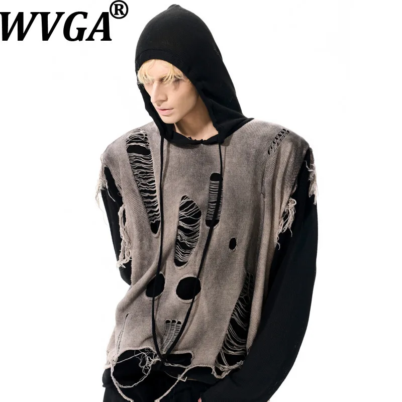 WVGA primavera otoño nuevo hombre marea desgastado suéteres de dos piezas tinte sucio moda prendas de punto con capucha nicho Chic Casual Tops Ins W12561