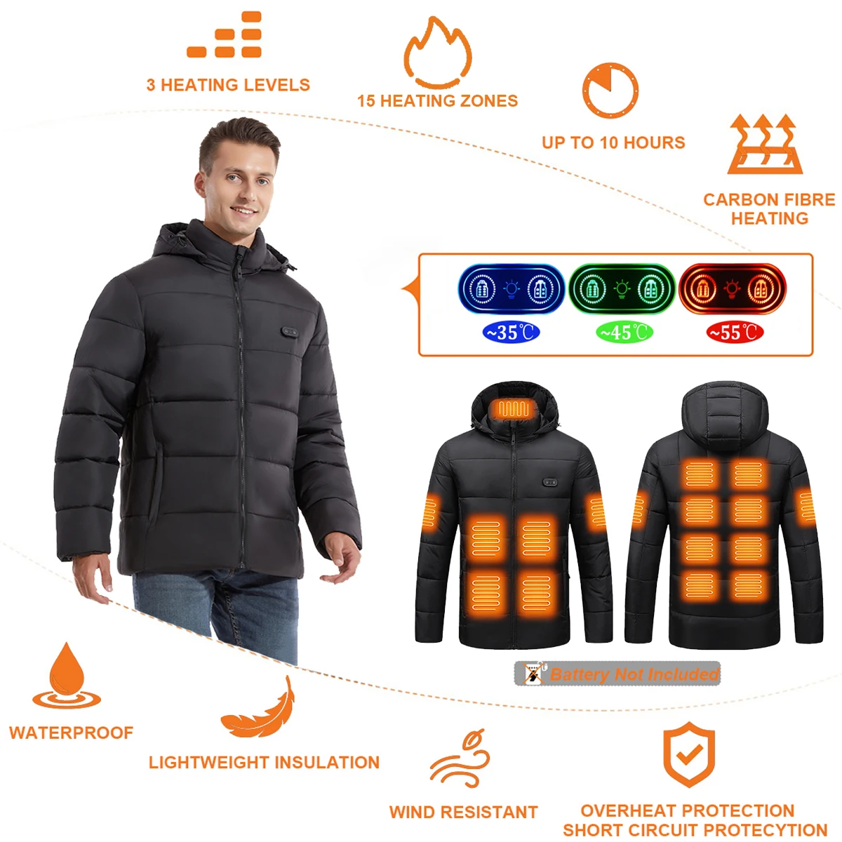 2024 New Heated Jacket, Winter Warm Outdoor USB Electric Heated Cotton Jacket with 15 Carbon Fiber Heating Pads